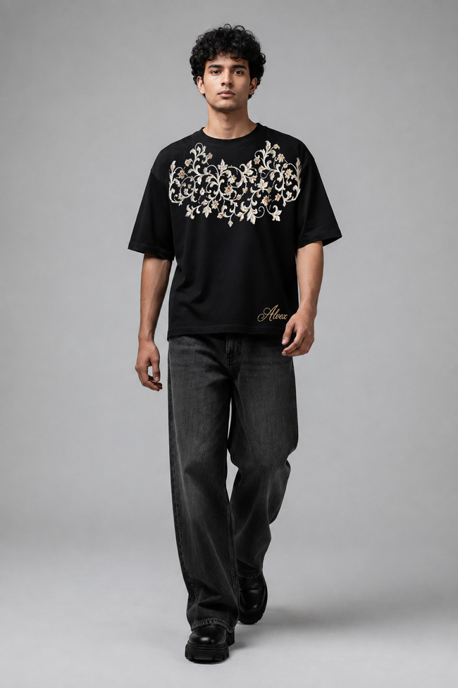 Men's Vintage Floral Filigree Streetwear Oversized Drop-Shoulder Tee Main Image