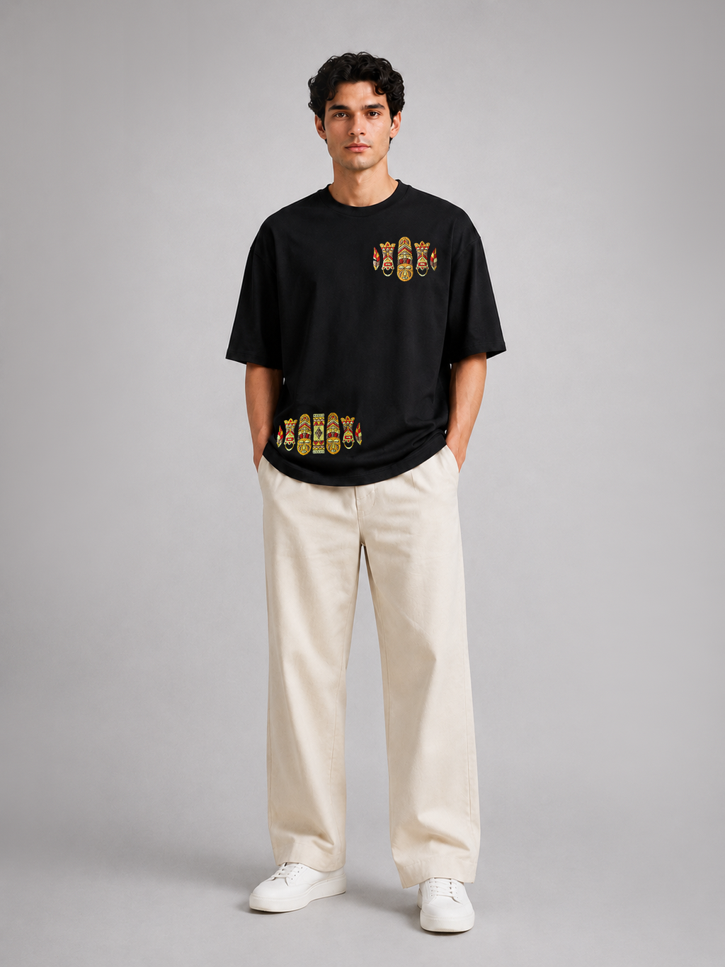 Black Heavyweight Cotton Drop-Shoulder Tee with Aztec Mask Embroidery