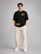 Black Heavyweight Cotton Drop-Shoulder Tee with Aztec Mask Embroidery