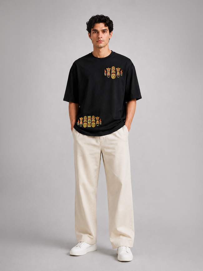 Black Heavyweight Cotton Drop-Shoulder Tee with Aztec Mask Embroidery Hover Image