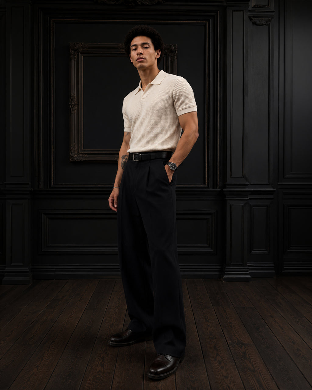Textured Open-Placket Short-Sleeve Knitted Polo T-Shirt in Ecru
