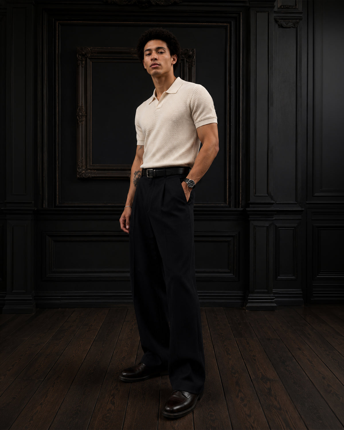 Textured Open-Placket Short-Sleeve Knitted Polo T-Shirt in Ecru