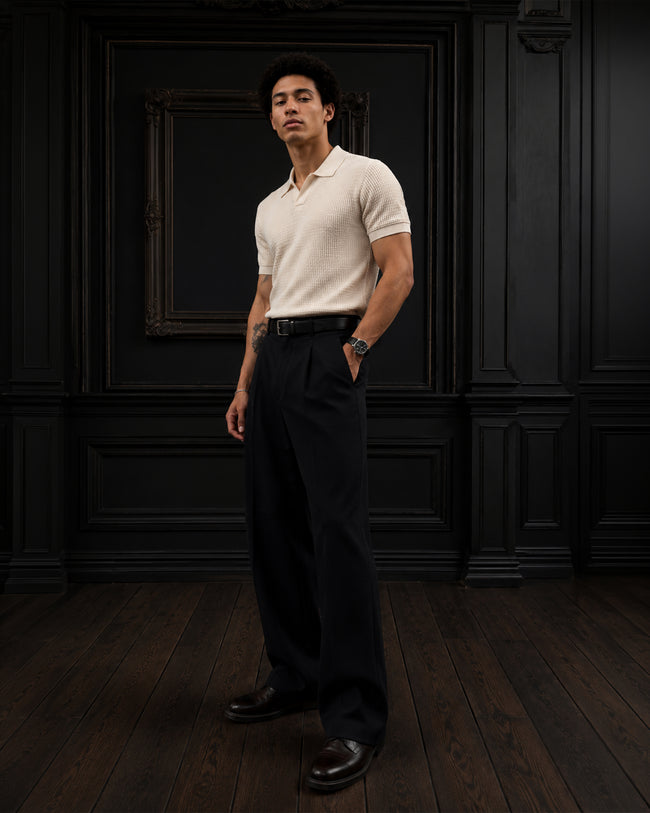 Textured Open-Placket Short-Sleeve Knitted Polo T-Shirt in Ecru Hover Image