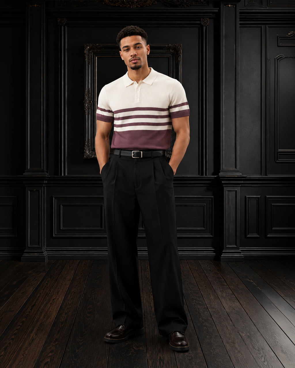 Retro Chest-Striped Fine Gauge Knit Polo T-shirt in Off-White & Burgundy