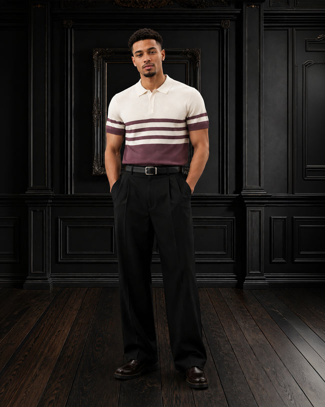 Retro Chest-Striped Fine Gauge Knit Polo T-shirt in Off-White & Burgundy Hover Image