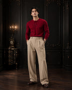Textured Waffle & Cable-Knit Lace-Neck Jumper in Burgundy Red