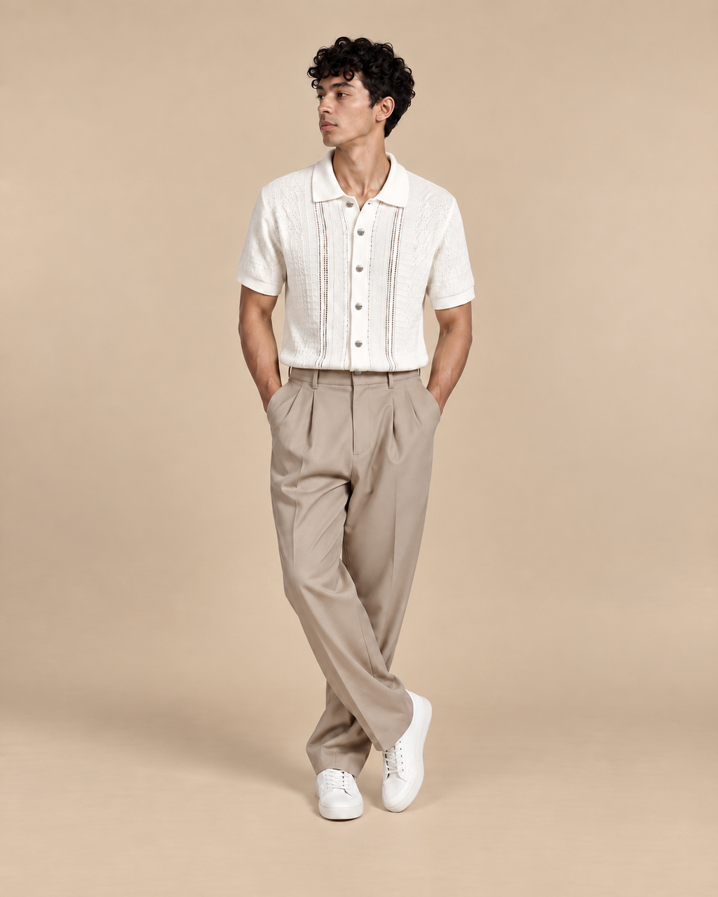 Ivory Diamond Knit 100% Cotton Button Front Short Sleeve Polo for Men