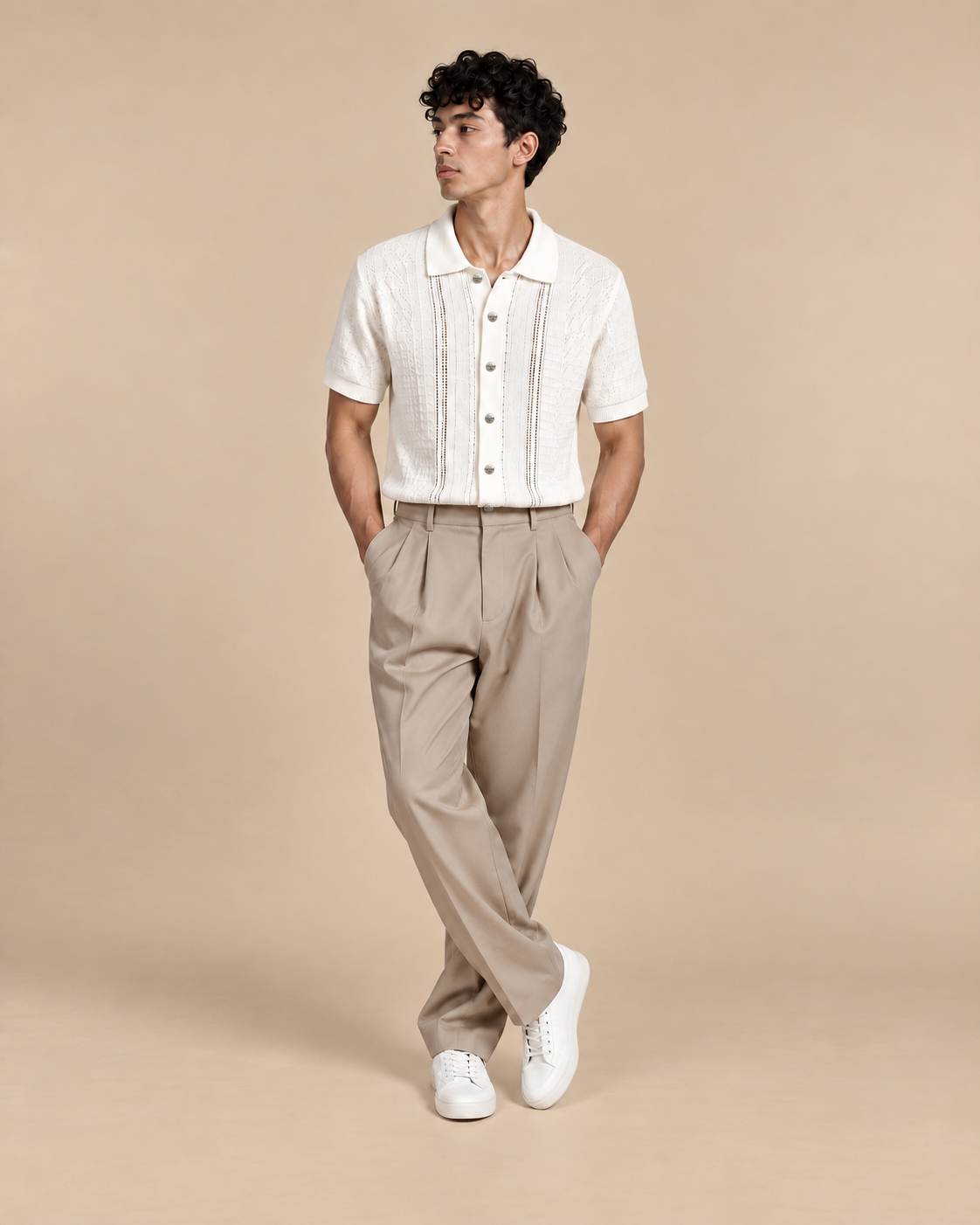 Ivory Diamond Knit 100% Cotton Button Front Short Sleeve Polo for Men