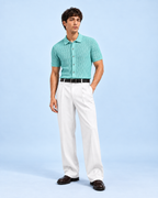 Mint Green Textured Knit Short Sleeve Button Front Polo for Men