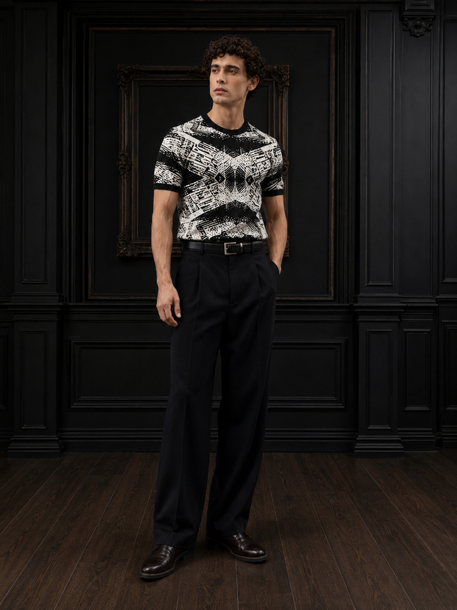 Men's Abstract Geometric Jacquard Knit T-Shirt in Black & White Hover Image