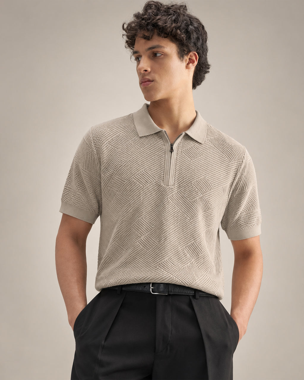 Geometric Textured Knit Zip Collar T-Shirt for Men