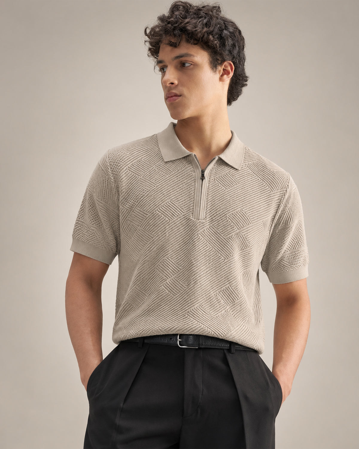 Geometric Textured Knit Zip Collar T-Shirt for Men