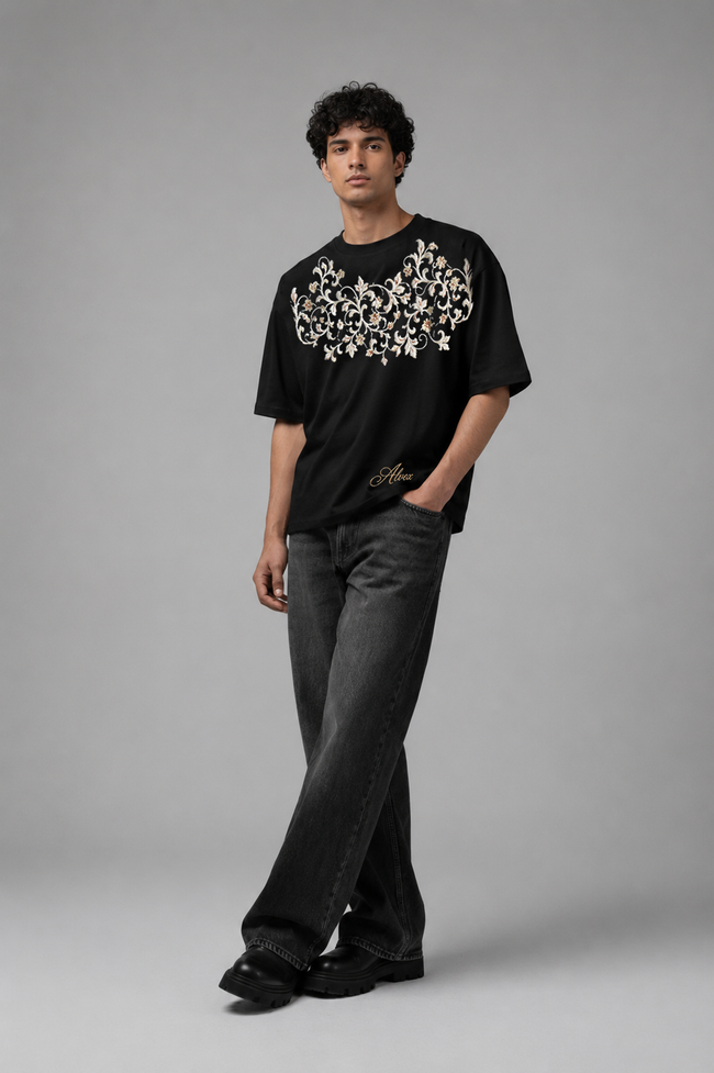 Men's Vintage Floral Filigree Streetwear Oversized Drop-Shoulder Tee Hover Image