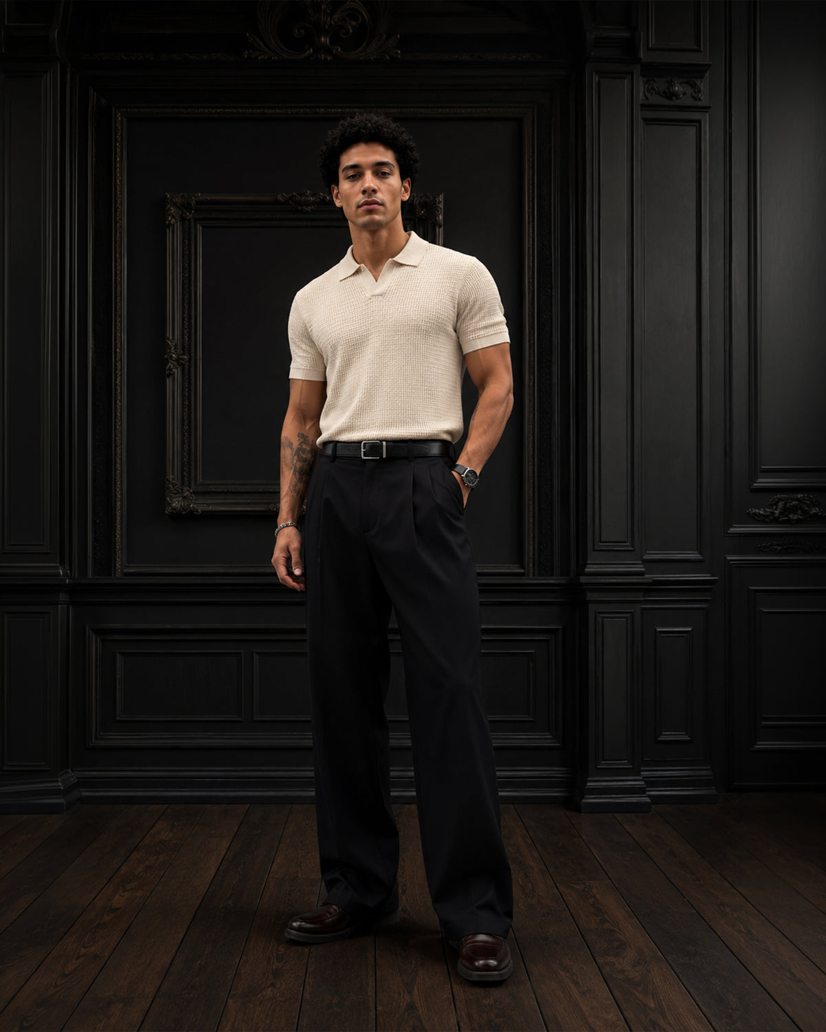 Textured Open-Placket Short-Sleeve Knitted Polo T-Shirt in Ecru