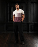 Retro Chest-Striped Fine Gauge Knit Polo T-shirt in Off-White & Burgundy