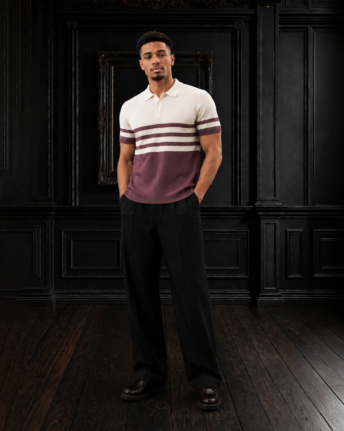 Retro Chest-Striped Fine Gauge Knit Polo T-shirt in Off-White & Burgundy
