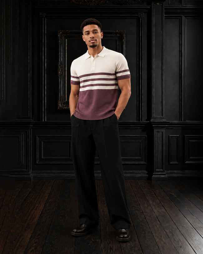Retro Chest-Striped Fine Gauge Knit Polo T-shirt in Off-White & Burgundy Main Image