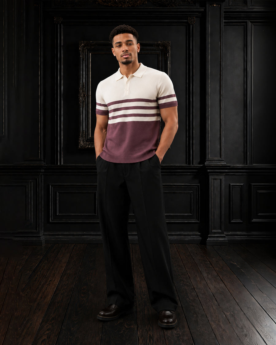 Retro Chest-Striped Fine Gauge Knit Polo T-shirt in Off-White & Burgundy