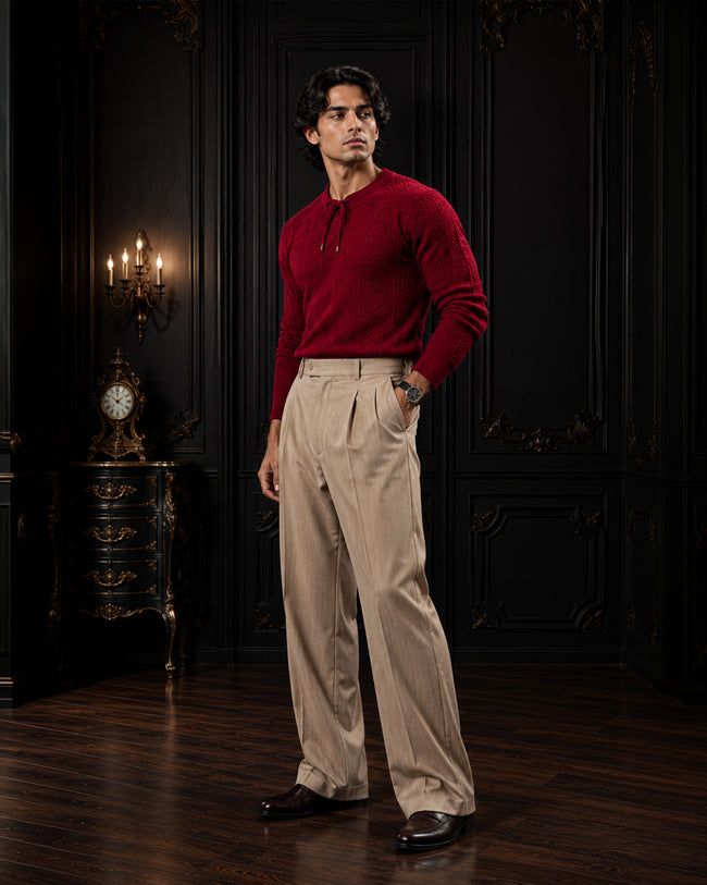Textured Waffle & Cable-Knit Lace-Neck Jumper in Burgundy Red Main Image
