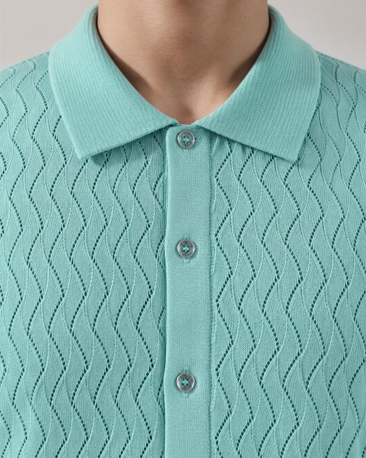 Mint Green Textured Knit Short Sleeve Button Front Polo for Men