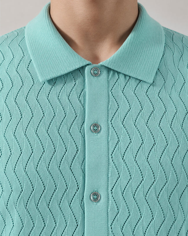 Mint Green Textured Knit Short Sleeve Button Front Polo for Men Main Image