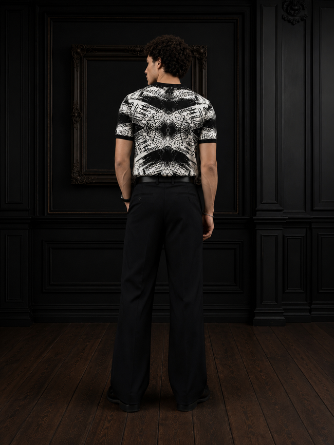 Men's Abstract Geometric Jacquard Knit T-Shirt in Black & White Main Image