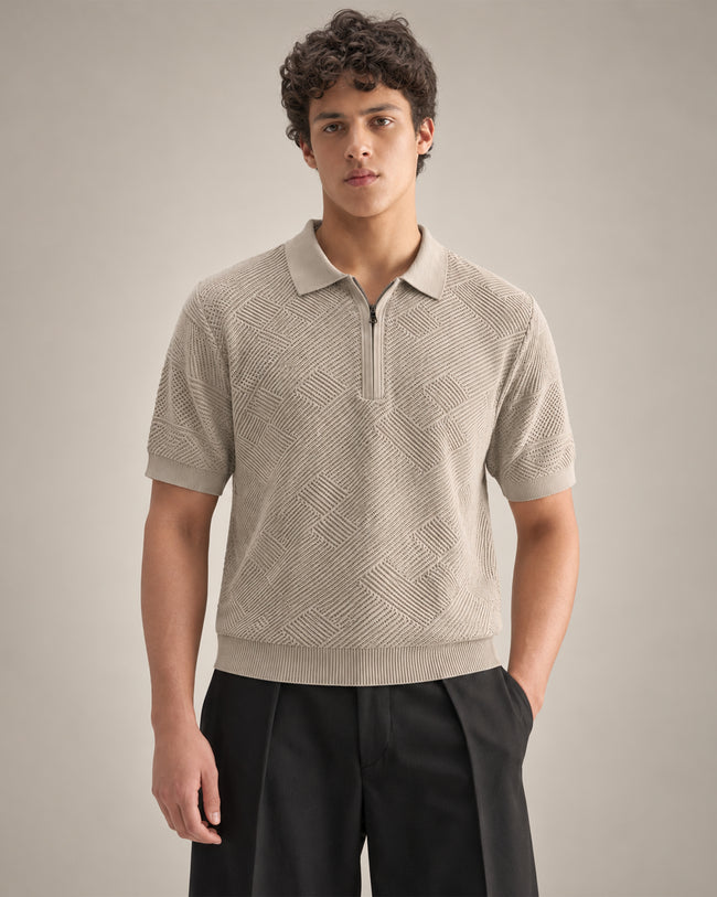 Geometric Textured Knit Zip Collar T-Shirt for Men Hover Image