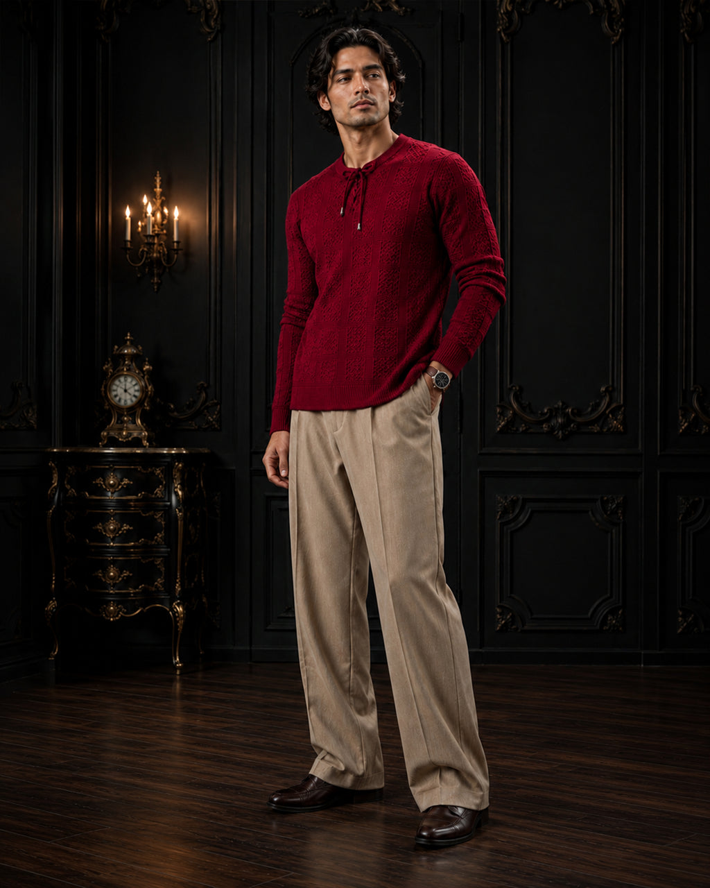 Textured Waffle & Cable-Knit Lace-Neck Jumper in Burgundy Red