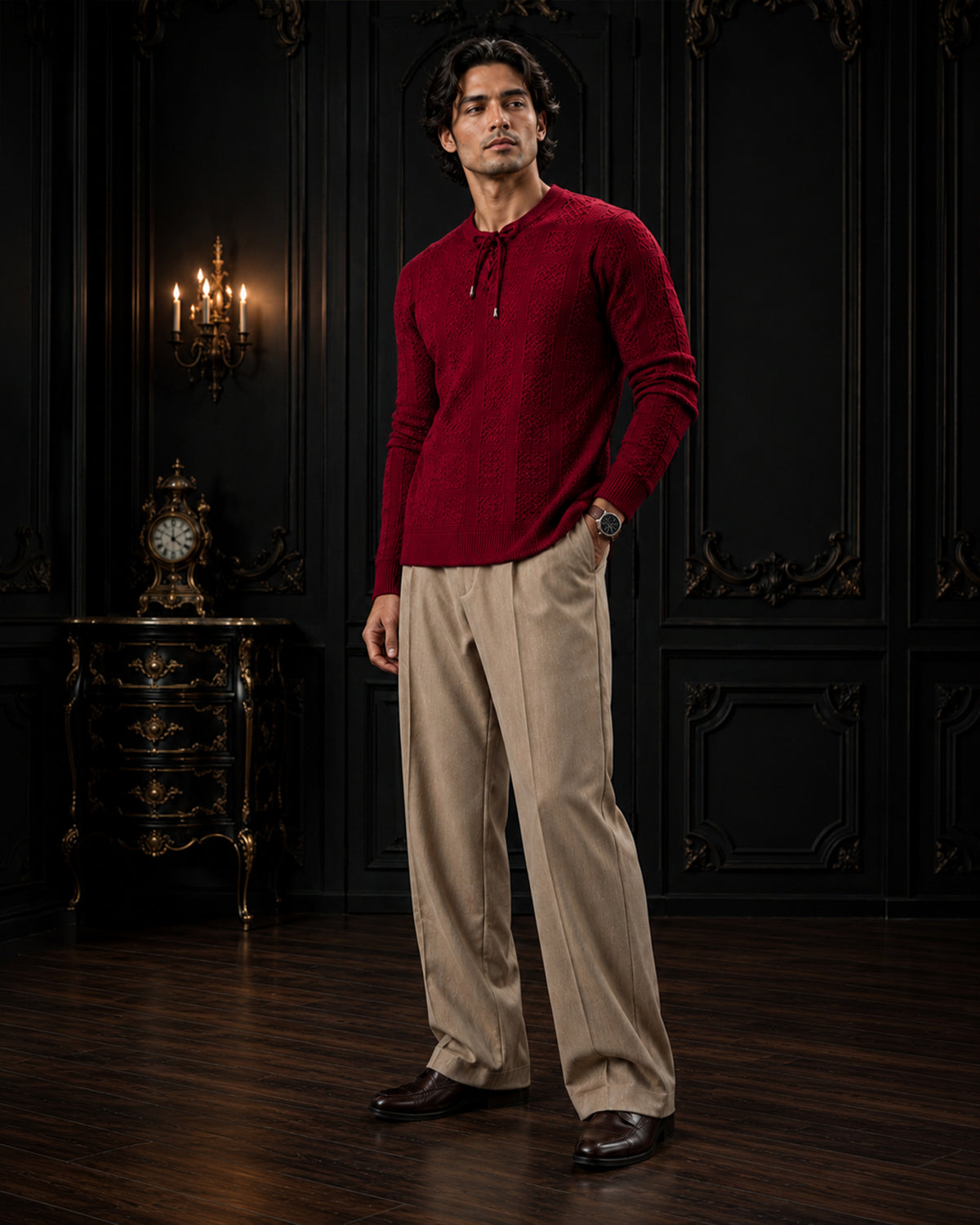 Textured Waffle & Cable-Knit Lace-Neck Jumper in Burgundy Red