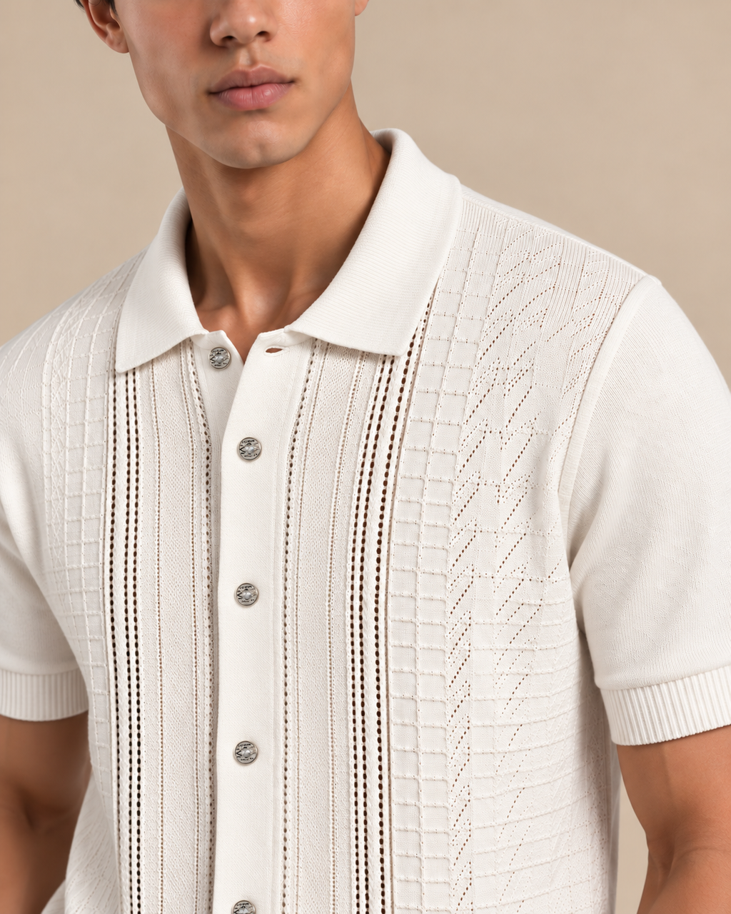 Ivory Diamond Knit 100% Cotton Button Front Short Sleeve Polo for Men