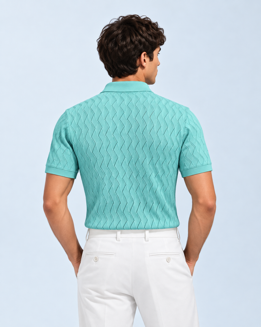 Mint Green Textured Knit Short Sleeve Button Front Polo for Men