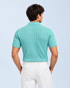 Mint Green Textured Knit Short Sleeve Button Front Polo for Men