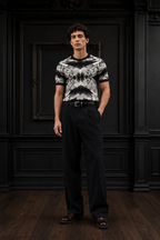 Men's Abstract Geometric Jacquard Knit T-Shirt in Black & White