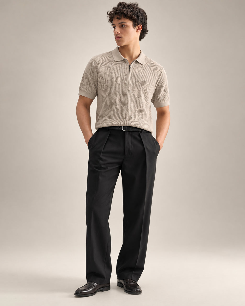 Geometric Textured Knit Zip Collar T-Shirt for Men