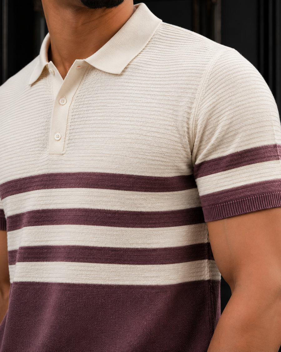 Retro Chest-Striped Fine Gauge Knit Polo T-shirt in Off-White & Burgundy