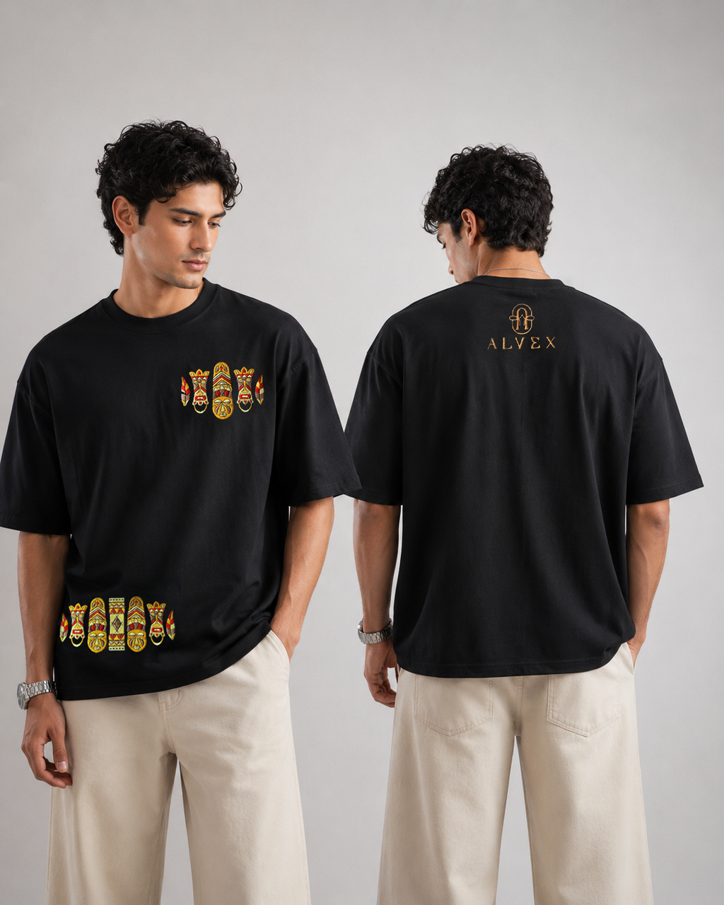 Black Heavyweight Cotton Drop-Shoulder Tee with Aztec Mask Embroidery