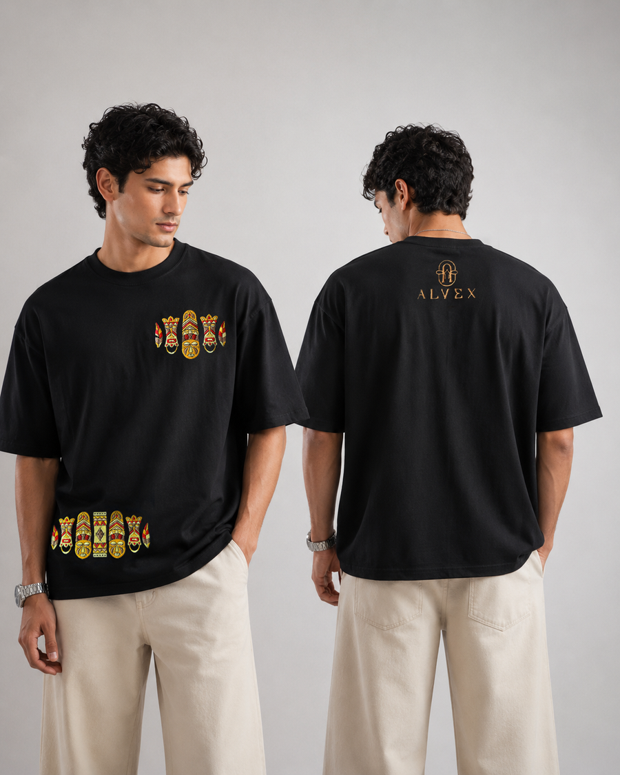 Black Heavyweight Cotton Drop-Shoulder Tee with Aztec Mask Embroidery