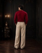 Textured Waffle & Cable-Knit Lace-Neck Jumper in Burgundy Red