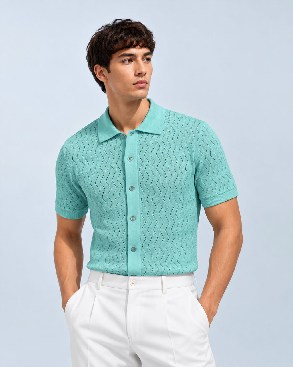 Mint Green Textured Knit Short Sleeve Button Front Polo for Men