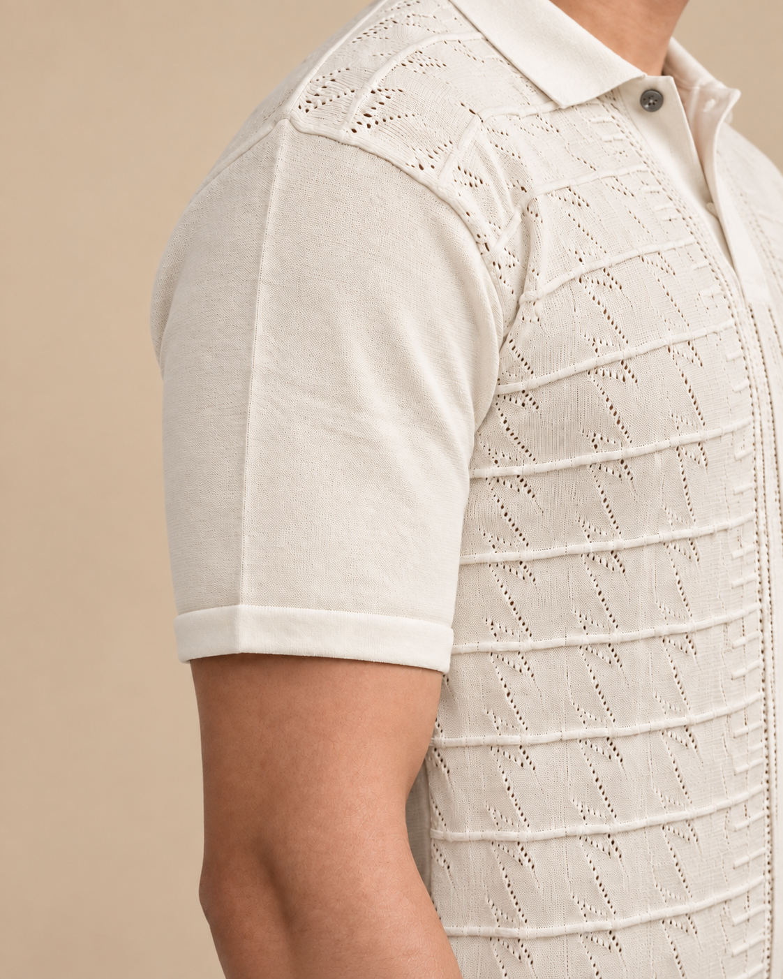 Ivory Diamond Knit 100% Cotton Button Front Short Sleeve Polo for Men