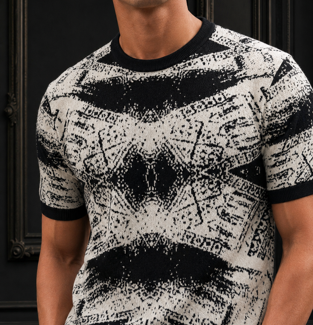 Men's Abstract Geometric Jacquard Knit T-Shirt in Black & White