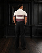 Retro Chest-Striped Fine Gauge Knit Polo T-shirt in Off-White & Burgundy