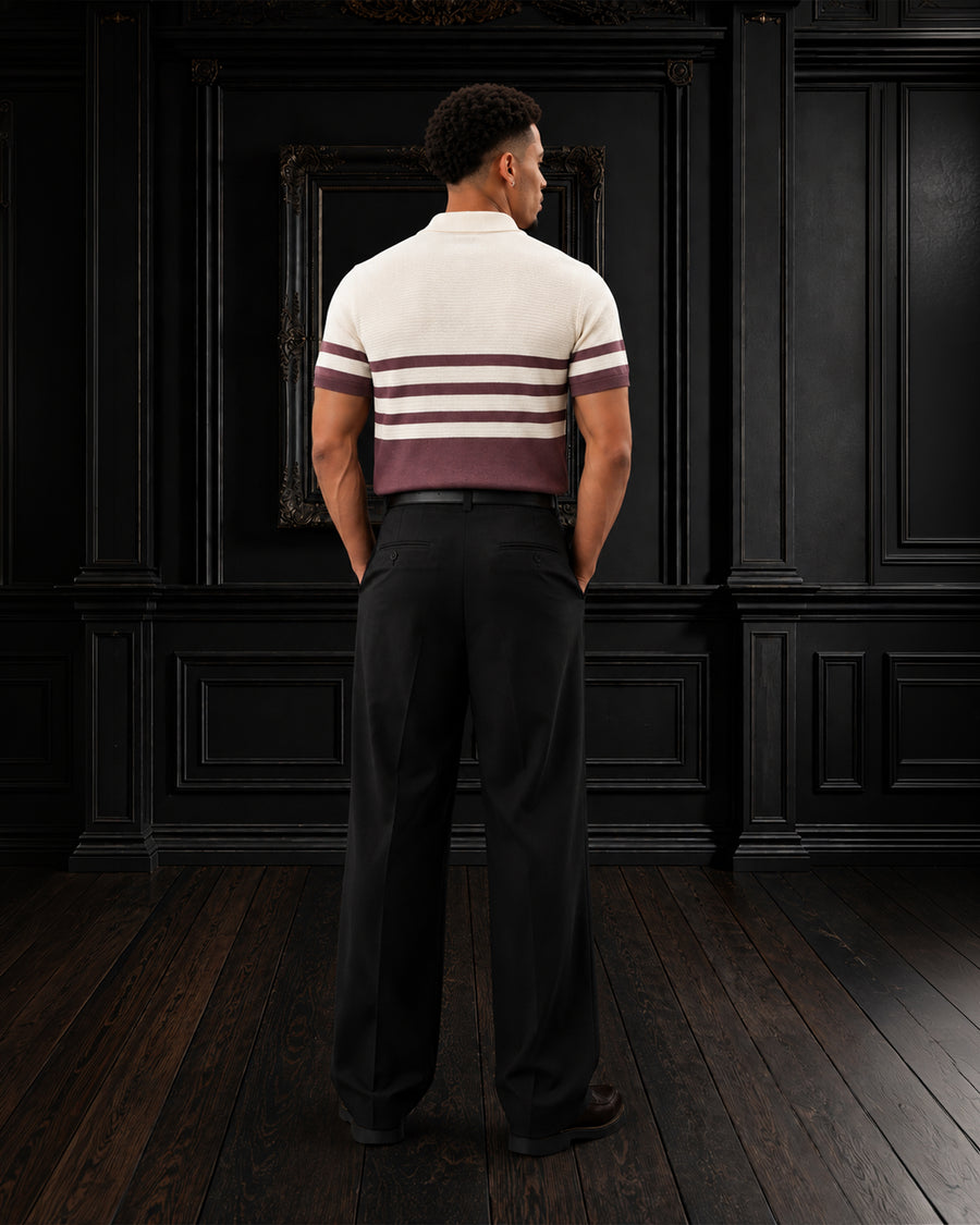 Retro Chest-Striped Fine Gauge Knit Polo T-shirt in Off-White & Burgundy