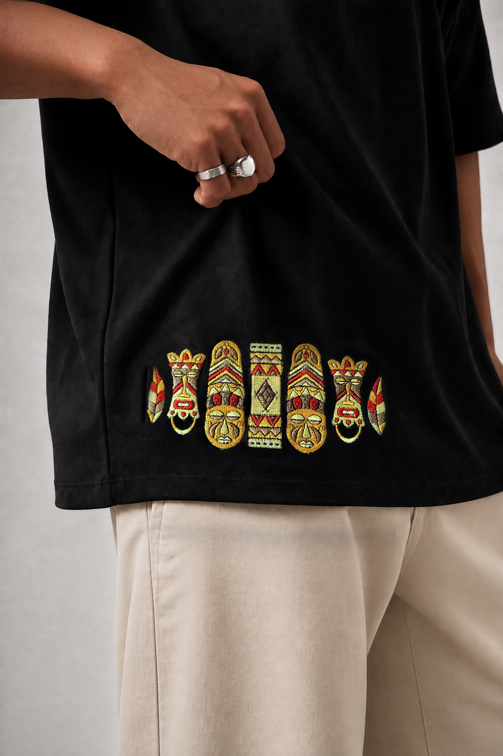 Black Heavyweight Cotton Drop-Shoulder Tee with Aztec Mask Embroidery