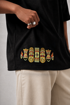 Black Heavyweight Cotton Drop-Shoulder Tee with Aztec Mask Embroidery