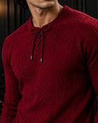 Textured Waffle & Cable-Knit Lace-Neck Jumper in Burgundy Red