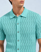 Mint Green Textured Knit Short Sleeve Button Front Polo for Men