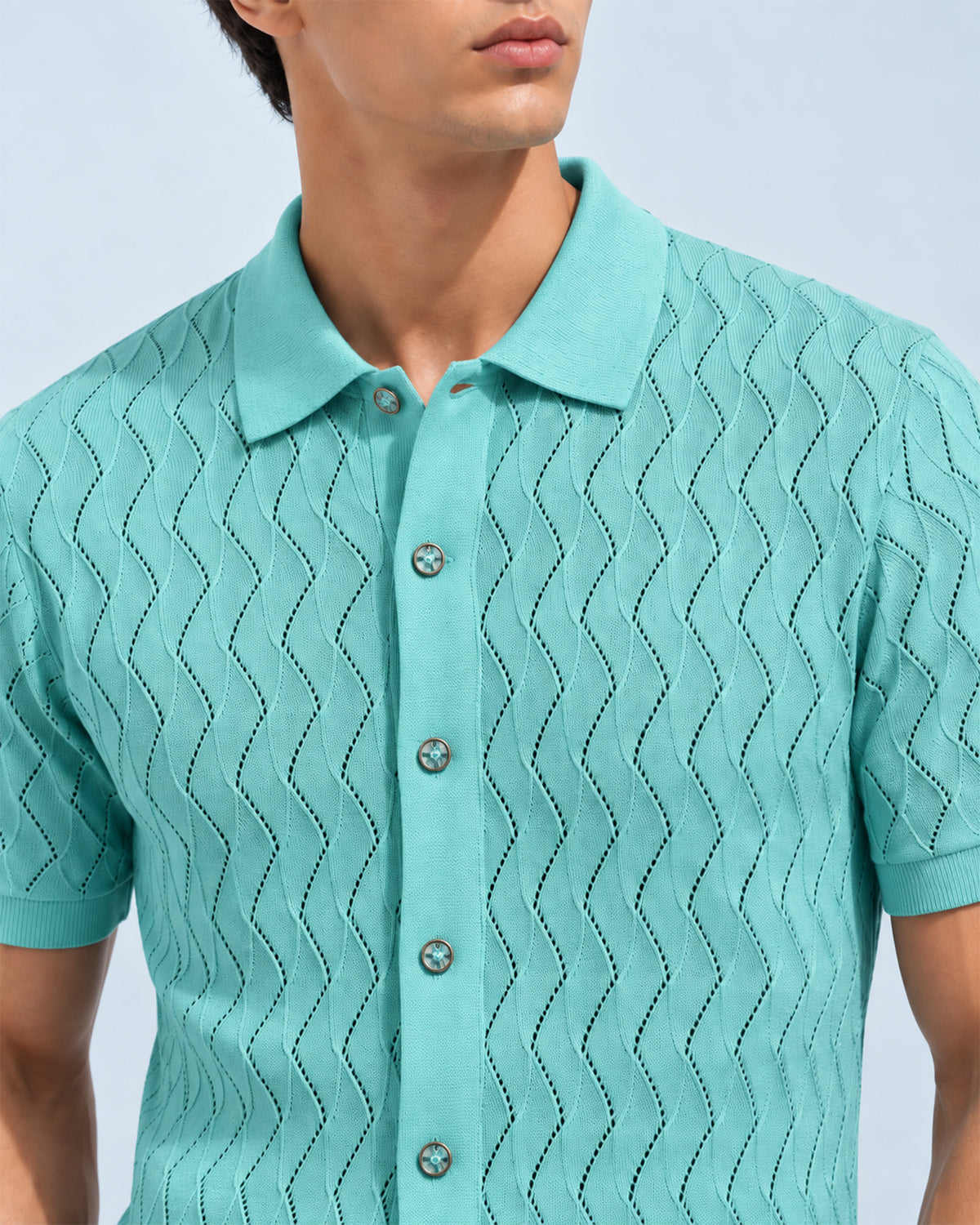 Mint Green Textured Knit Short Sleeve Button Front Polo for Men