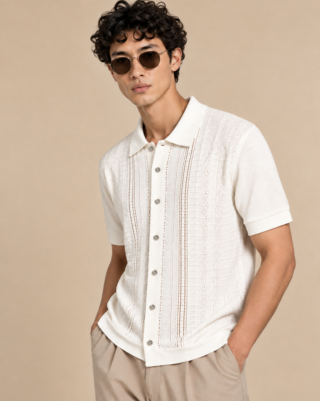 Ivory Diamond Knit 100% Cotton Button Front Short Sleeve Polo for Men