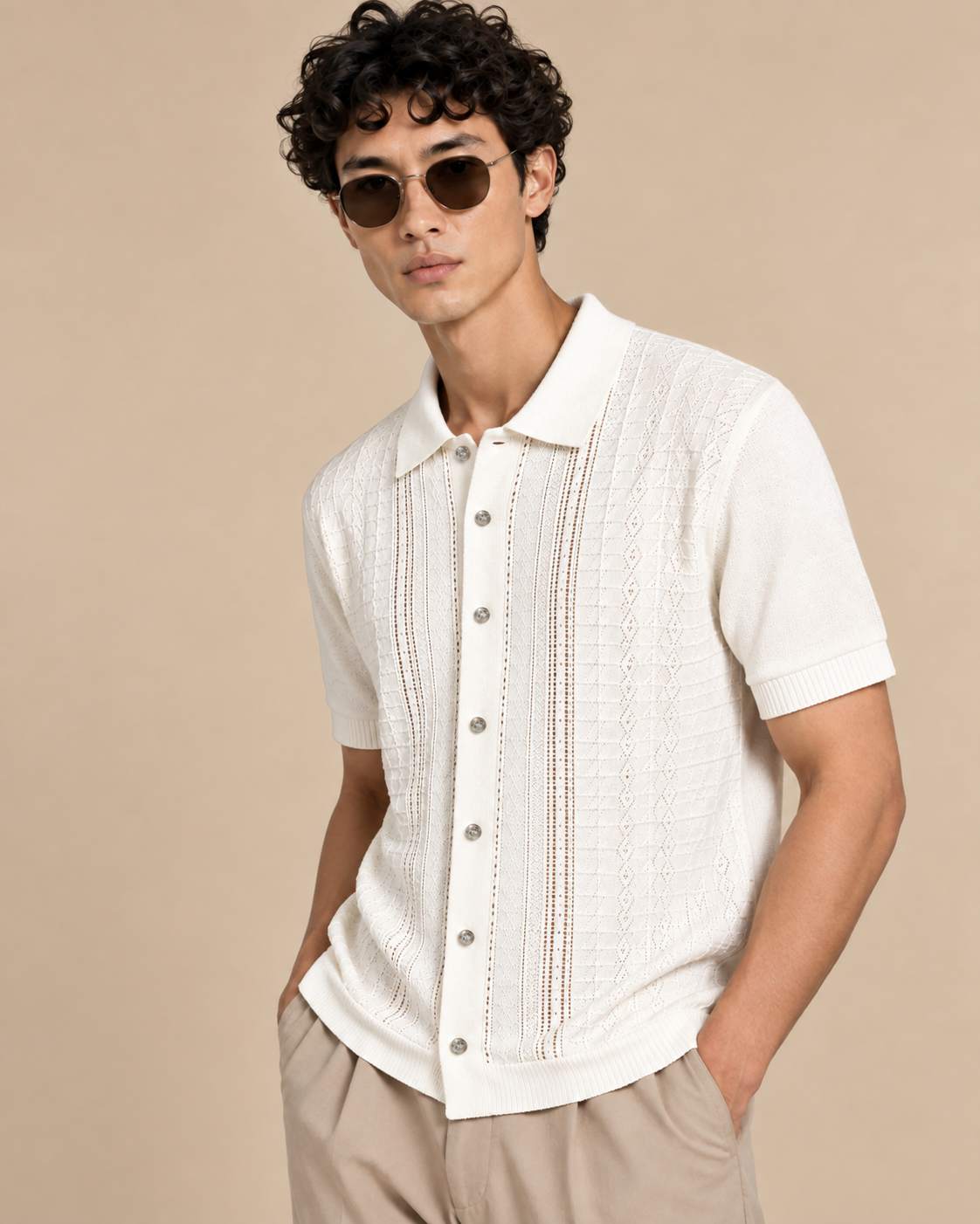 Ivory Diamond Knit 100% Cotton Button Front Short Sleeve Polo for Men